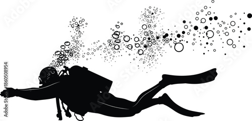 Scuba diver silhouette underwater, black sketch illustration, exhaling bubbles, deep sea exploration icon, diving gear motion concept