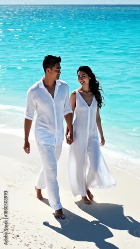 Loving Asian Couple Walking Hand in Hand on Tropical Beach