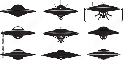 Nine black silhouettes of various flying saucer and UFO shapes on a white background Keywords: ufo, flying saucer, alien, spaceship, spacecraft, extraterrestrial, space, science fiction
