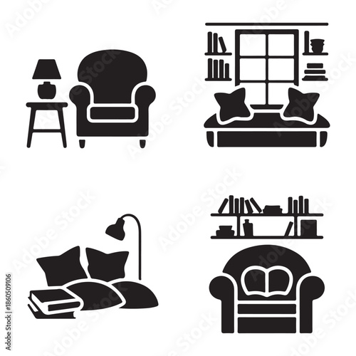 Modern home interior living space furniture silhouette vector artwork