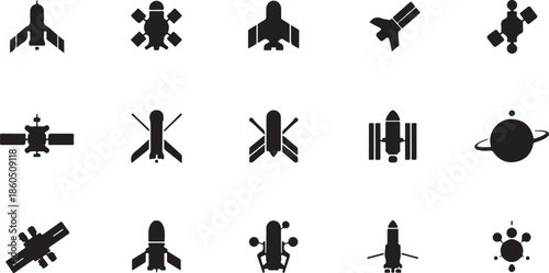 Set of fifteen black silhouette icons representing various spacecraft satellites and celestial bodies on a white background