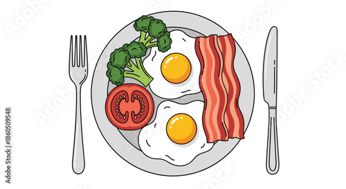 A classic breakfast plate with fried eggs bacon and vegetables shown in a clean line art style with a fork and knife set.