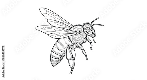 A highly detailed hand-drawn honey bee in a vintage engraving style showcasing its intricate wings and fuzzy body texture.
