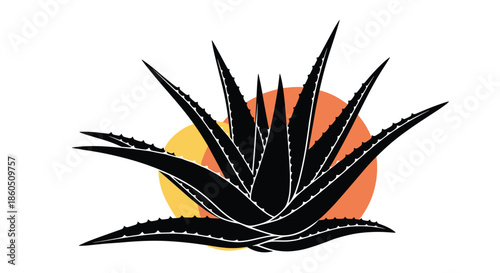 A modern and stylish black silhouette of an aloe vera plant set against an abstract orange and yellow sun for a boho design.