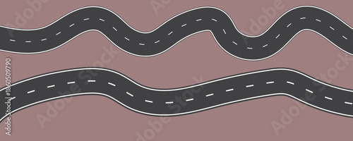 Wavy winding curves roads and asphalt road. Horizontal asphalt road template.