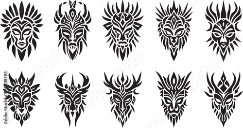 Ten black tribal mask designs featuring human-like faces with elaborate headdresses and facial markings Keywords: tribal, mask, face, human, design, headdress, markings, art, graphic, illustration