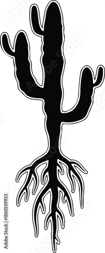 Silhouette Cactus Plant with Underground Roots Isolated on White Background Vector Illustration