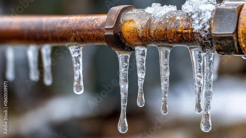Frozen icicles after rain on pipe, winter weathering, ice accumulation, cold climate conditions, plumbing exterior, seasonal damage, with copy space