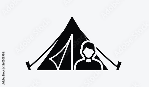 Simple black icon depicting a tent with a person inside
