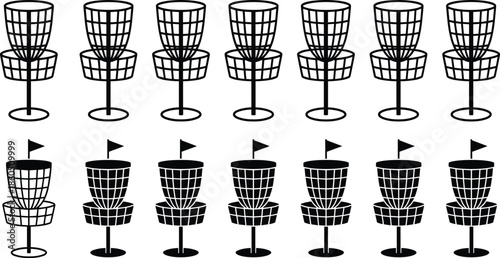 Disc golf basket silhouette collection, vector illustration for outdoor sport, flying disc target, recreational gear, competitive layout, and course design content