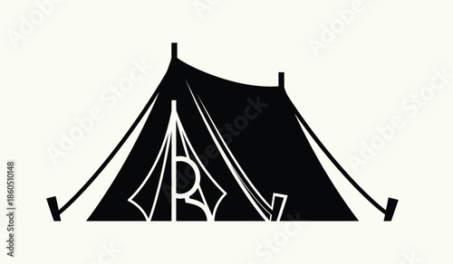 A simple black silhouette of a triangular camping tent outdoors