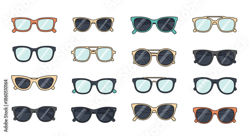 A large and diverse collection of stylish sunglasses and eyeglasses in various shapes and colors for fashion and summer concepts.