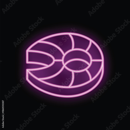 Neon sign depicting a salmon meat cut, glowing pink on a black background