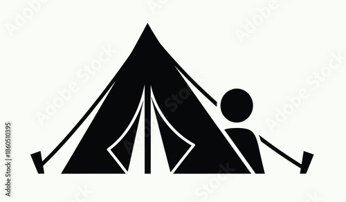 A simple black and white illustration of a tent and a person nearby