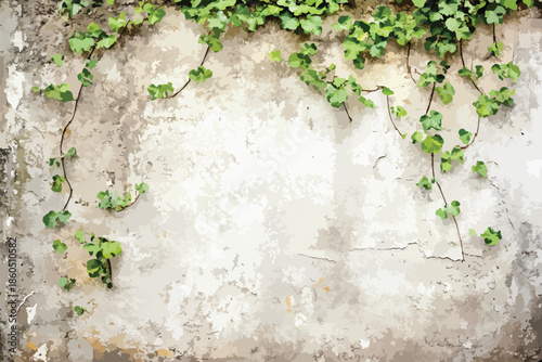 A weathered, textured wall displays a climbing ivy plant with lush green leaves, creating a natural and aged aesthetic for backgrounds and design projects.