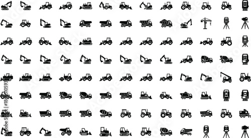 Mega collection of heavy machinery icons featuring excavators dump trucks tractors bulldozers and construction vehicles for industrial engineering and site logistics