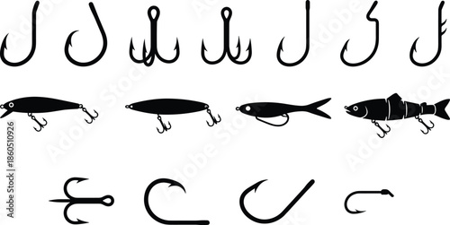 Fishing hooks and lures silhouette collection, vector illustration for angling gear, bait design, sport fishing tools, tackle box content, and outdoor recreation