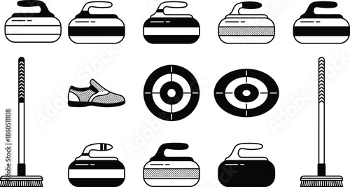 Curling equipment and symbol silhouettes, vector illustration for winter sport, ice game gear, team competition, curling stone design, and athletic content