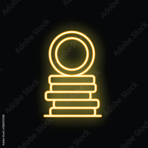 Yellow neon glowing symbol of stack of poker chips on a black background