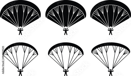Parachute and skydiver silhouettes, vector illustration for aerial gear, flight safety, freefall sport, outdoor adventure, sky activity, and aviation design