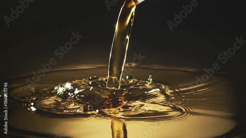 Golden liquid stream pours into surface creating beautiful ripples and splashes in dark setting close up