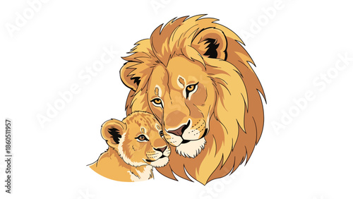 Illustration of a lion and lion cub with golden fur and white background