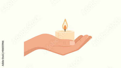 Hand holding a lit candle with a warm beige background