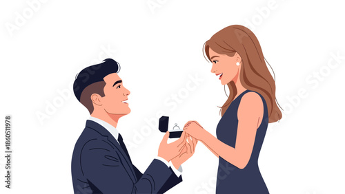 Man proposing to woman with ring box in a romantic gesture illustration