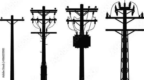 Utility pole silhouettes with electrical components, vector infrastructure illustration for power distribution, energy systems, urban grid, voltage transmission, and industrial design