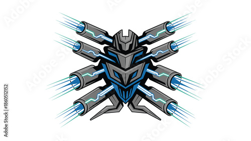 futuristic robot face with eight powerful energy weapons digital art illustration