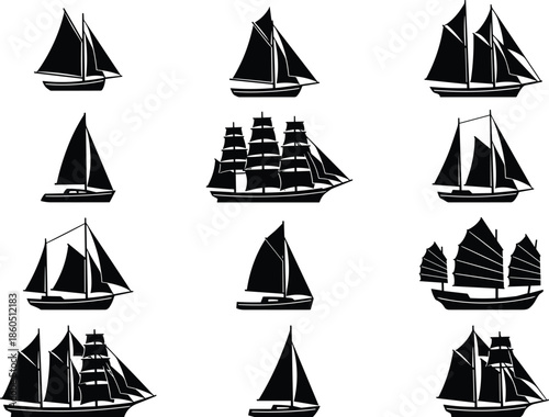 Sailboat and sailing ship silhouettes, vector maritime illustration for nautical design, sea travel, marine history, ocean adventure, and traditional boat collection