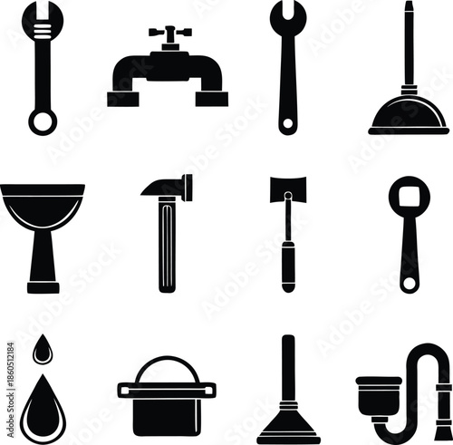 Plumbing icons, repair tools, water faucet, wrench gear, pipe system, plunger pump, maintenance service, bathroom hardware, leakage fix