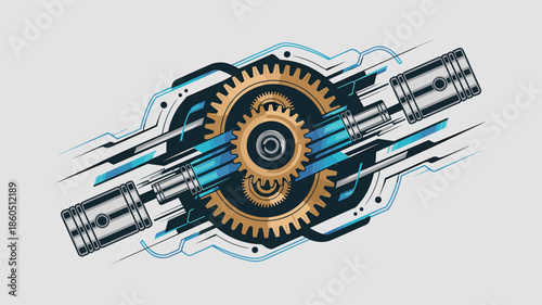 Mechanical engine concept with pistons gears and futuristic abstract lines