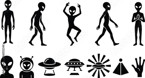 Alien and UFO icon silhouettes, vector illustration for science fiction, extraterrestrial life, space mystery, cosmic design, and futuristic concept artwork