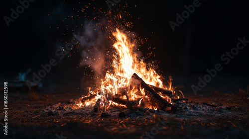 Glowing outdoor campfire at night with flying sparks and burning wood logs for camping and warmth concept
