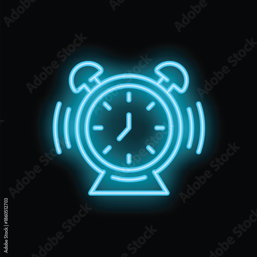 Blue neon alarm clock ringing loudly on black background