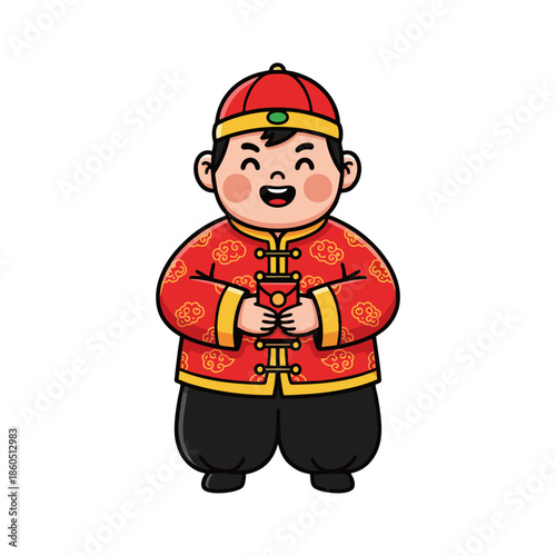 Ilustration Cute Cartoon Chinese Boy Holding Red Envelope for Lunar New Year