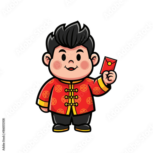 Ilustration Cute Cartoon Chinese Boy Holding Red Envelope for Lunar New Year