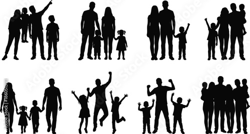 Family, silhouette, set, happy, parents, children, together, collection, mother, father, daughter, son, childhood, lifestyle, group, people, kids, joy, vector, illustration,