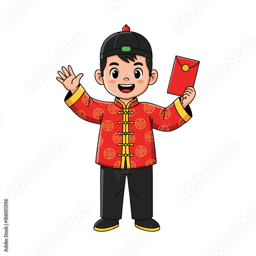 Ilustration Cute Cartoon Chinese Boy Holding Red Envelope for Lunar New Year