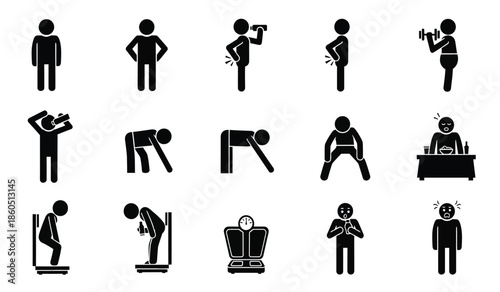 Stick figure icons depicting various human activities and postures in black