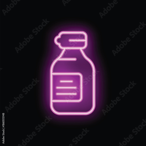 Neon pink medicine bottle glowing on a black background