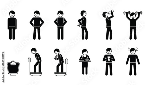 Stick figures demonstrating various daily activities and common human postures