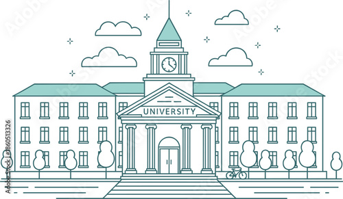 Line art illustration of a classic university building facade with a clock tower and Greek style columns.Line art illustration of a classic university 