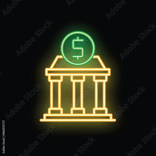 Neon sign of a bank facade with a big dollar coin shining above the roof