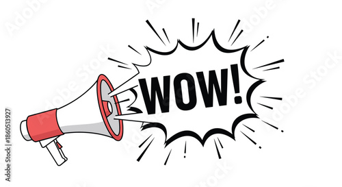 Megaphone with a speech bubble exclaiming "WOW!", symbolizing surprise, excitement, and a big announcement.