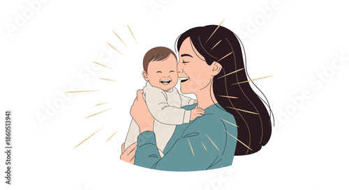 Happy mother embracing her smiling baby, showing maternal love and the joy of motherhood.