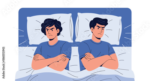 Angry couple in bed with their backs to each other, symbolizing marital conflict and relationship problems.
