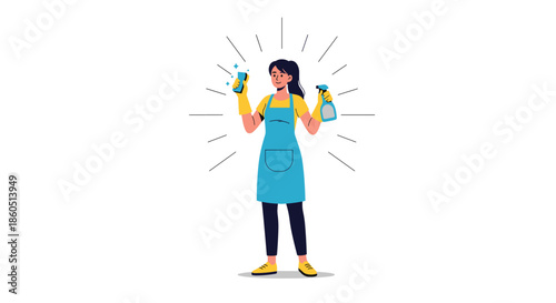 Happy woman in apron and gloves holding cleaning products, ready for housekeeping and domestic chores.