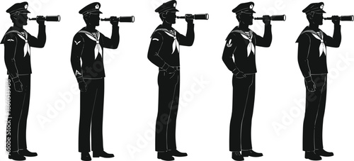 Sailor silhouettes, telescope pose, naval uniform, sea exploration, vector illustration, posture comparison, maritime theme, black figures, nautical concept, crew lineup